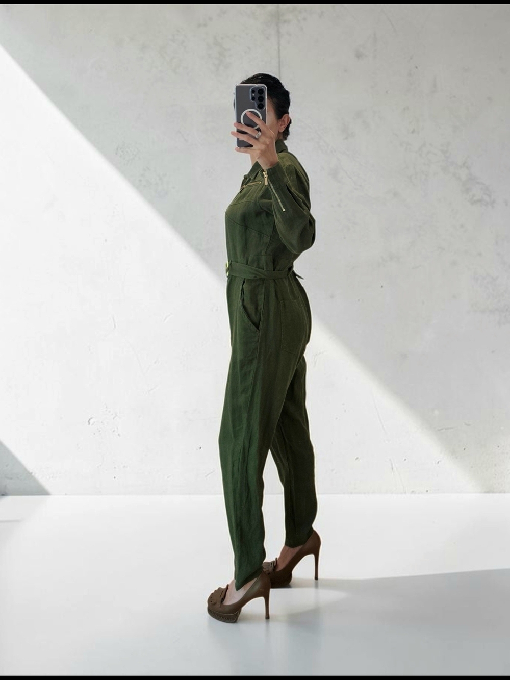 WeWoreWhat Olive Green Linen Utility Jumpsuit with Gold Hardware Size S - Picture 4 of 11